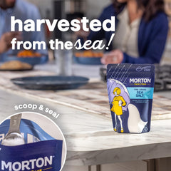 Morton Sea Salt shaker on the table ready for seasoning.