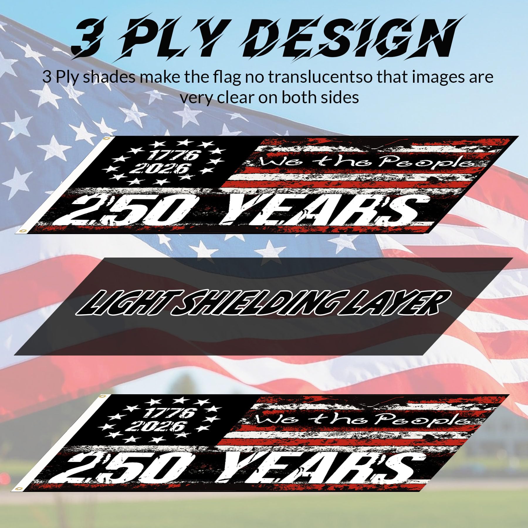 MOSADO 250th anniversary flag with standard pole sleeve for easy mounting.