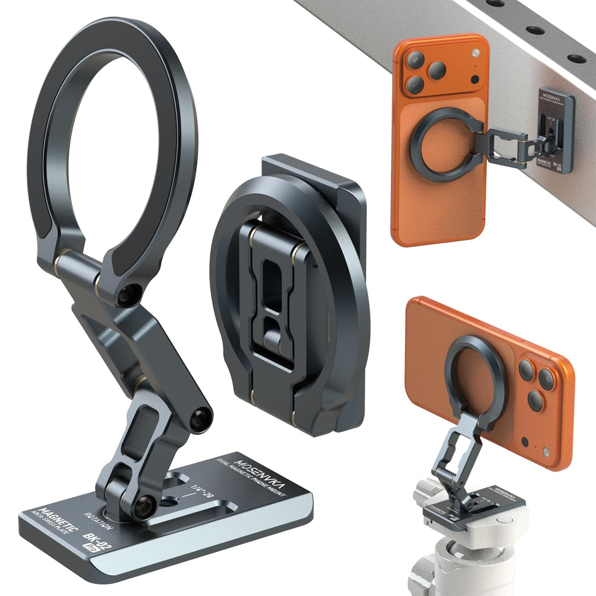MOSENVKA dual magnetic stand base mount on metal surface for secure hands-free viewing.