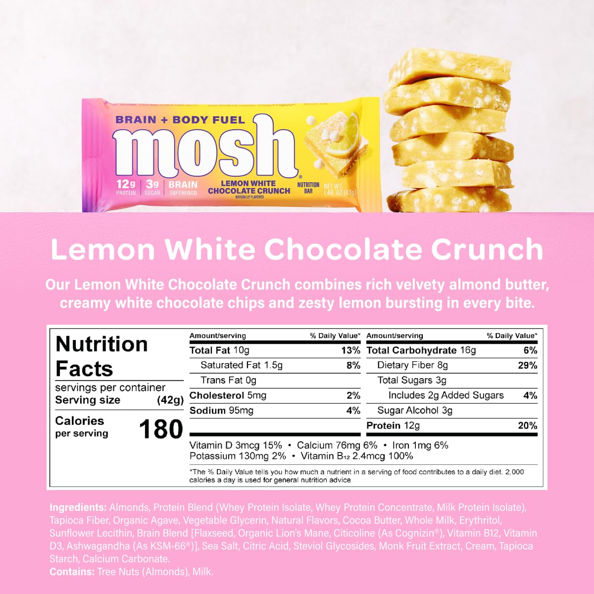 Close-up of MOSH bar highlighting Cognizin and lemon zest flavor