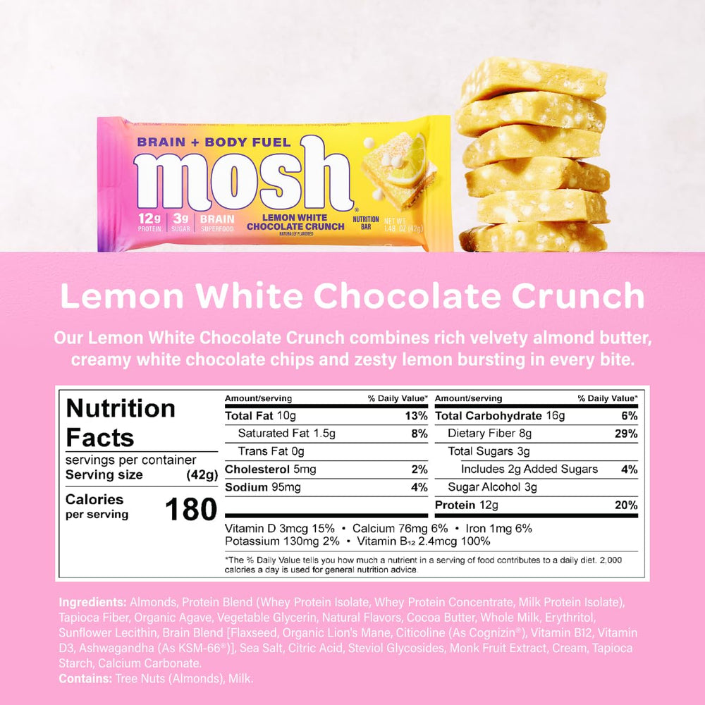Close-up of MOSH bar highlighting Cognizin and lemon zest flavor