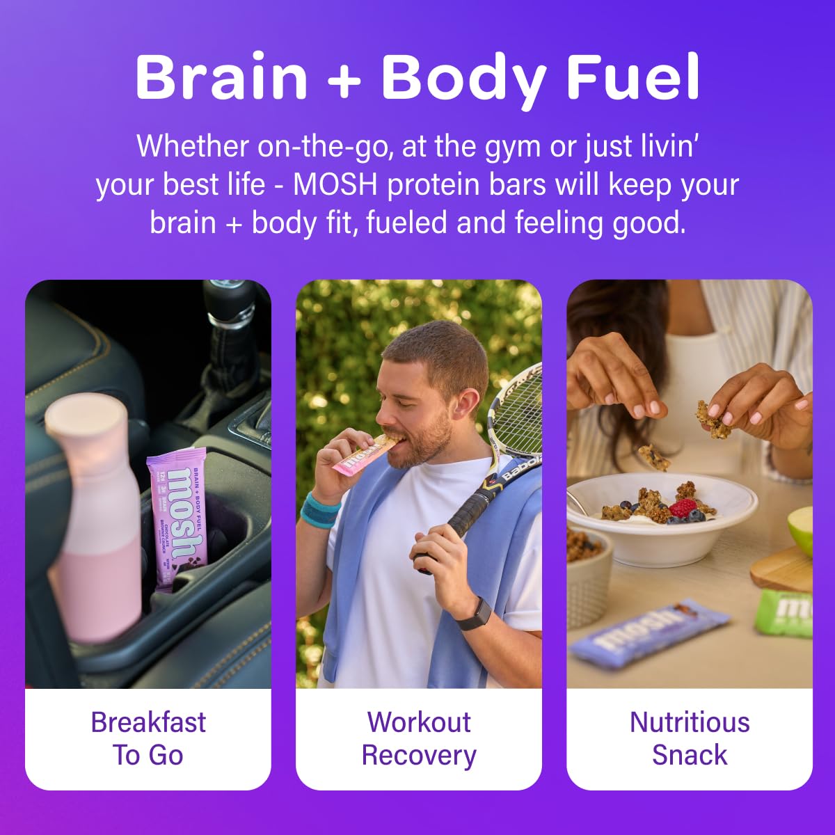 Holding MOSH bar during a workout break for post-exercise fuel