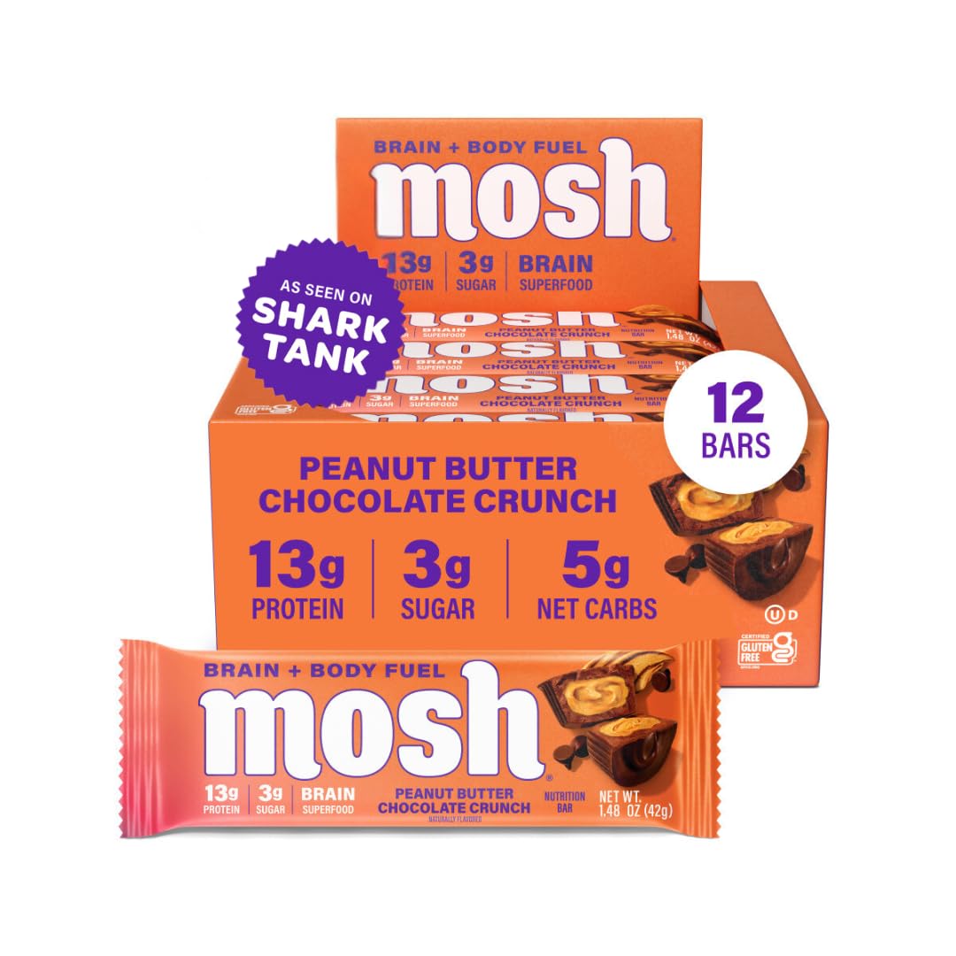 MOSH Peanut Butter Chocolate Keto Bar packaging highlights gluten-free protein snack