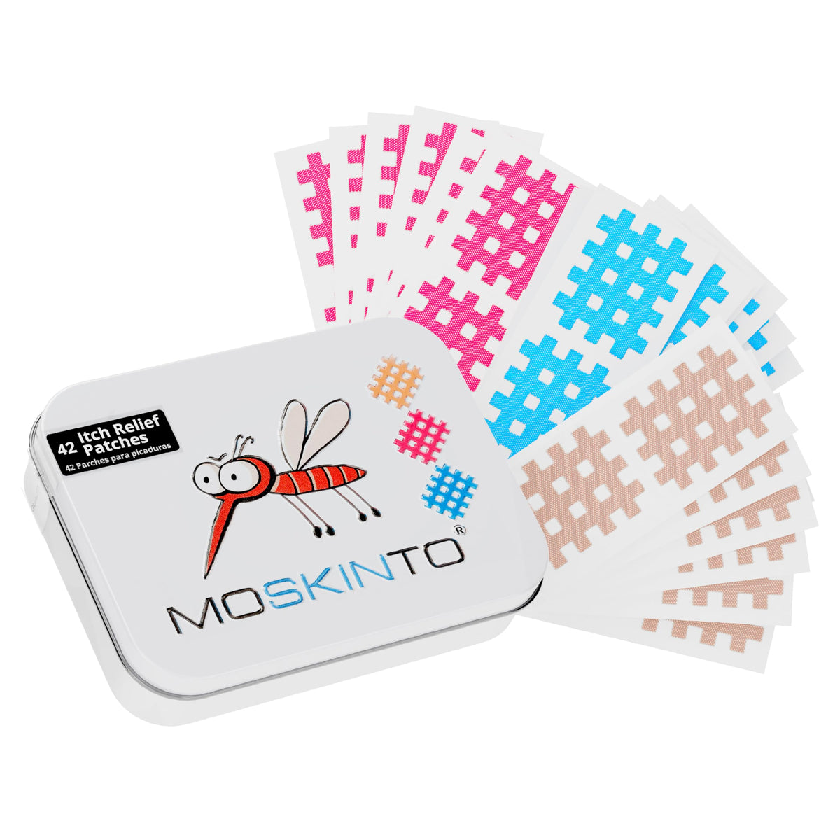 Moskinto patch applied on a mosquito bite for itch relief