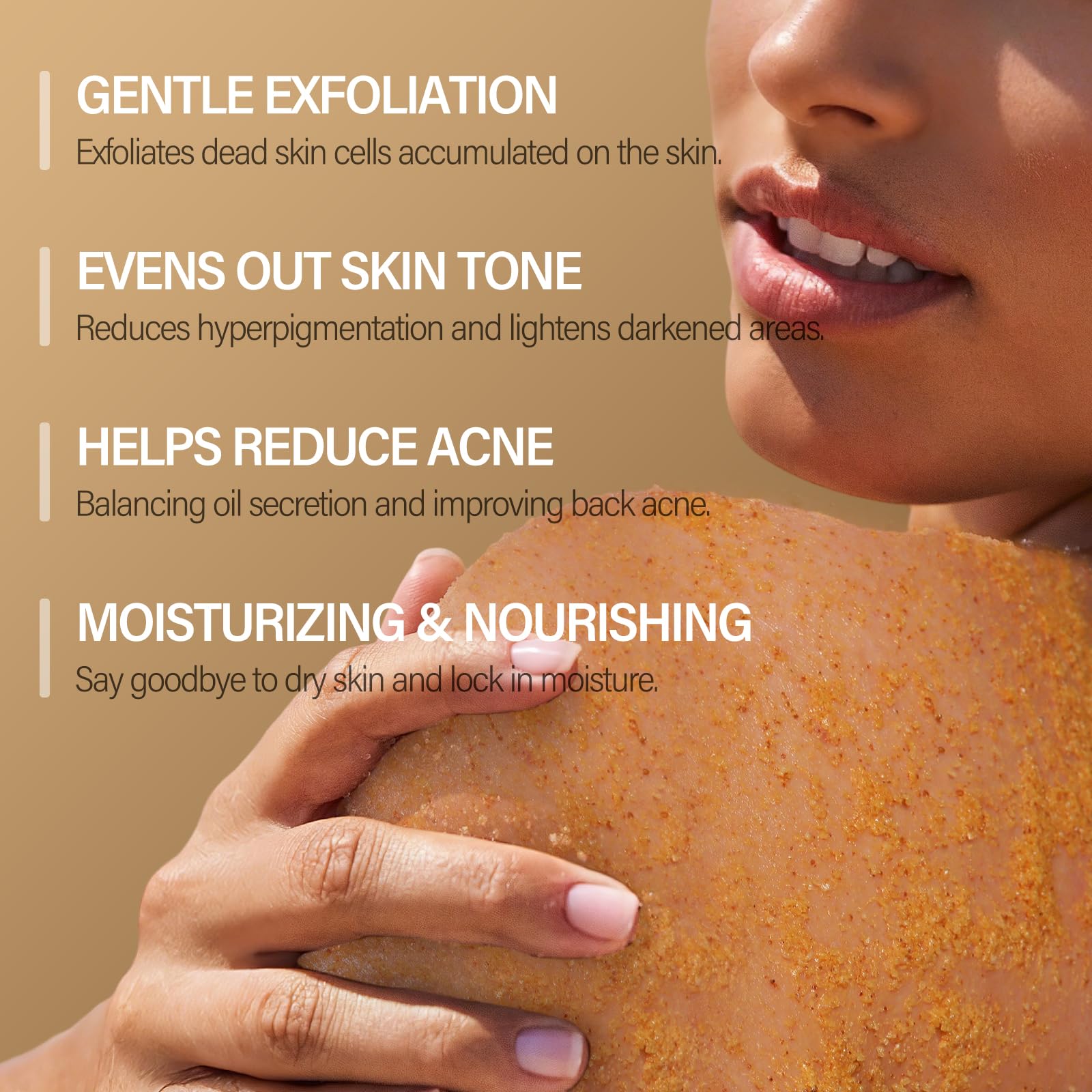 MOSRROU Turmeric Scrub jar scoop shows textured exfoliant for gentle skin renewal