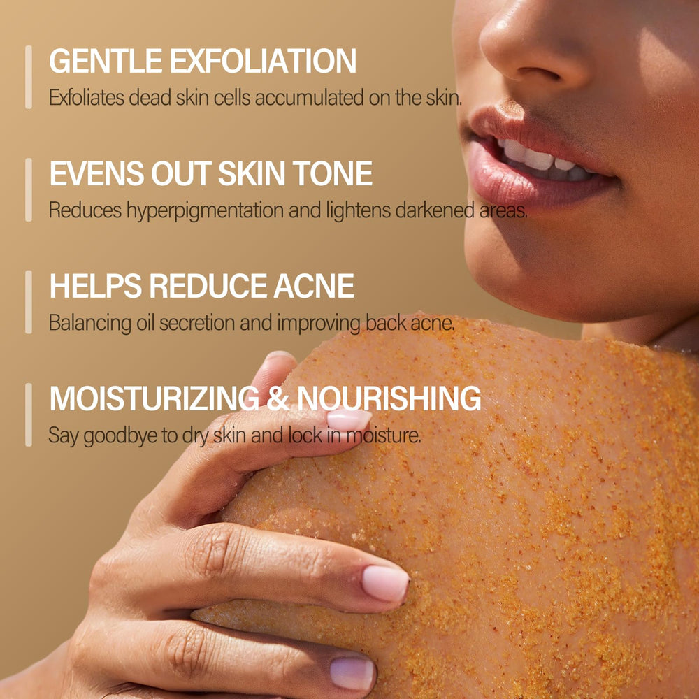 MOSRROU Turmeric Scrub jar scoop shows textured exfoliant for gentle skin renewal