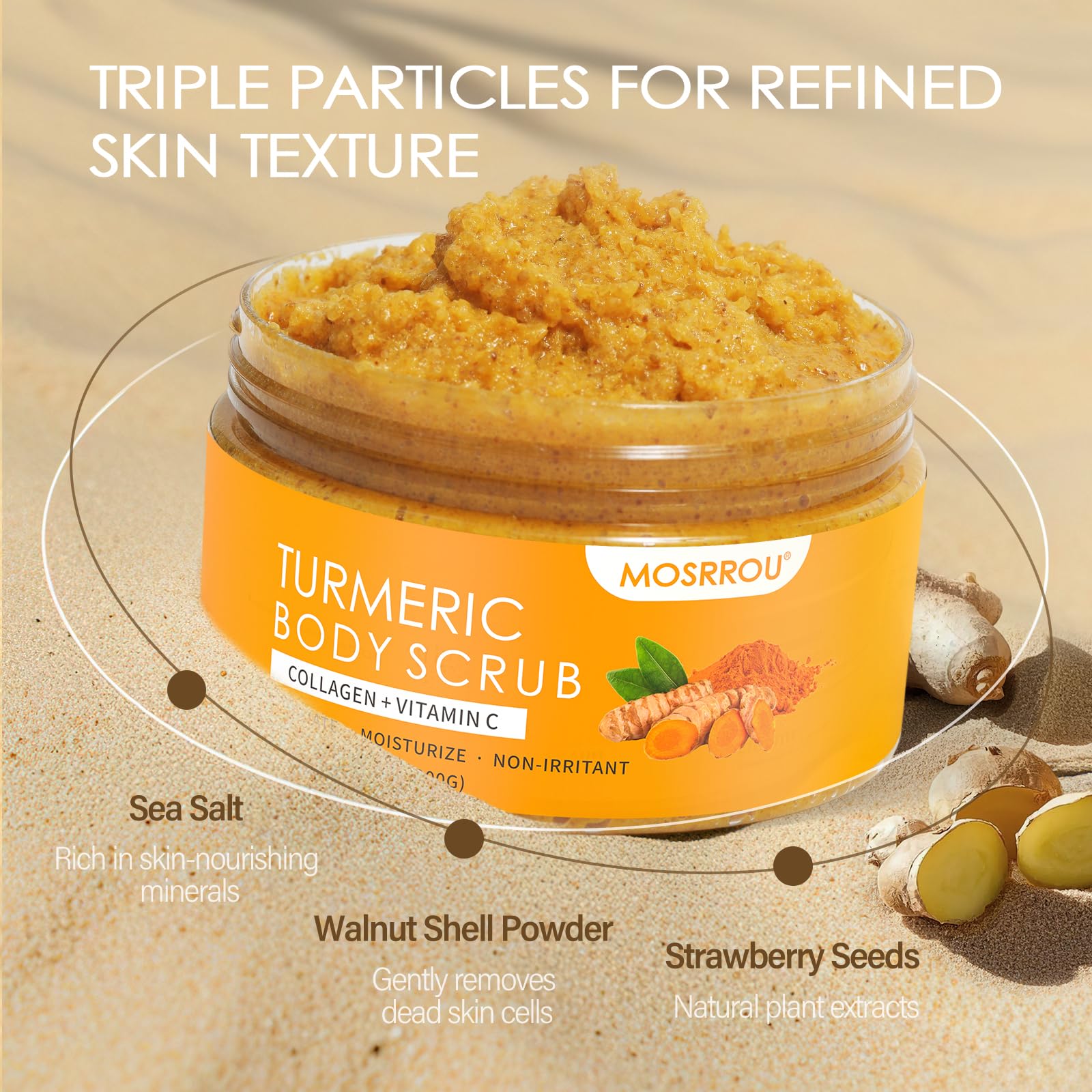 Vitamin C glow from MOSRROU Turmeric Scrub signals brightening benefits