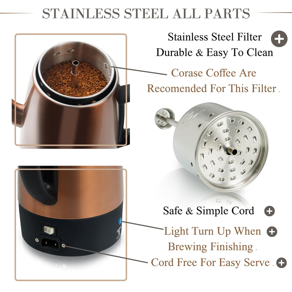 Moss and Stone electric copper percolator highlights reliable heat for aromatic coffee.