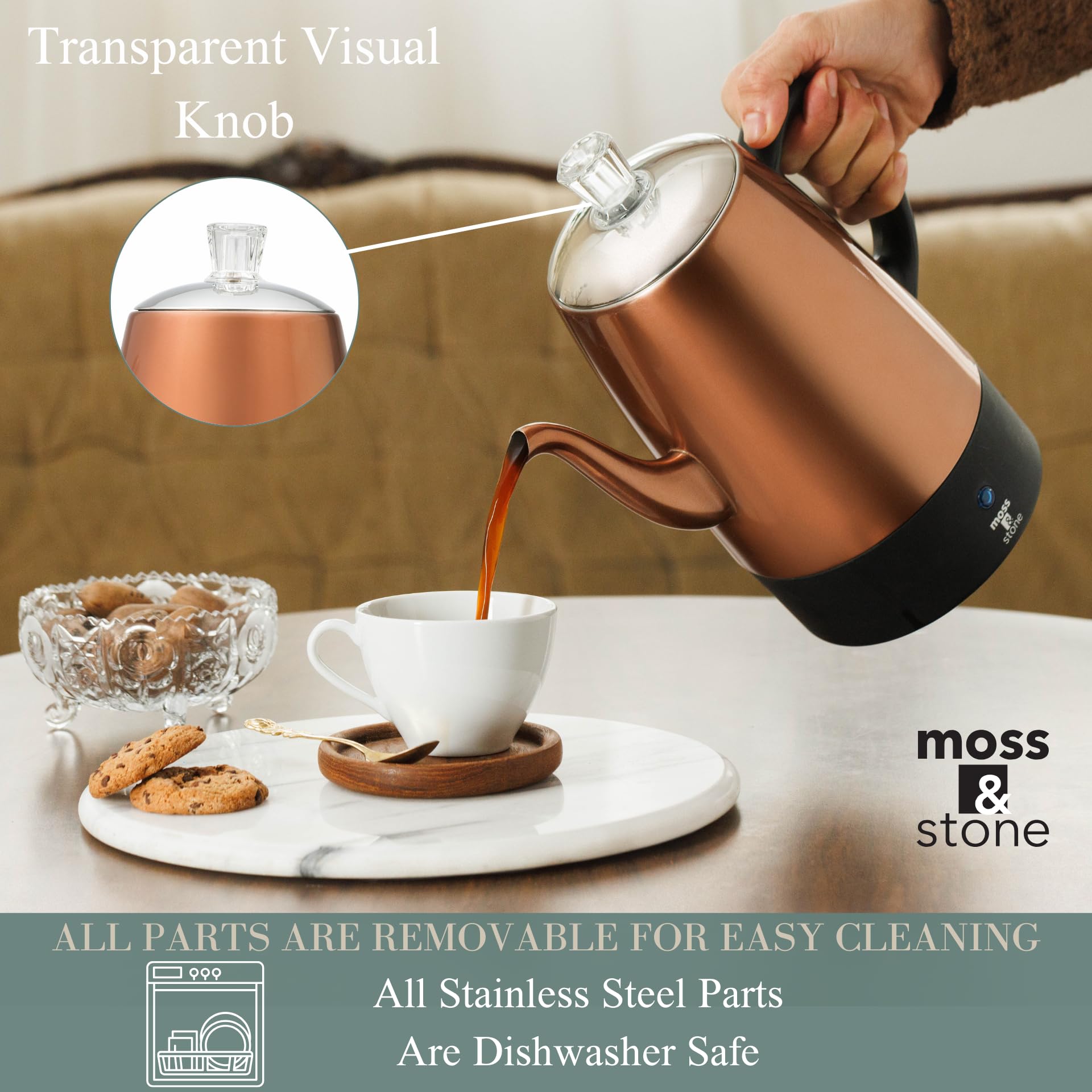 Moss and Stone keep warm function maintains temperature between pours.