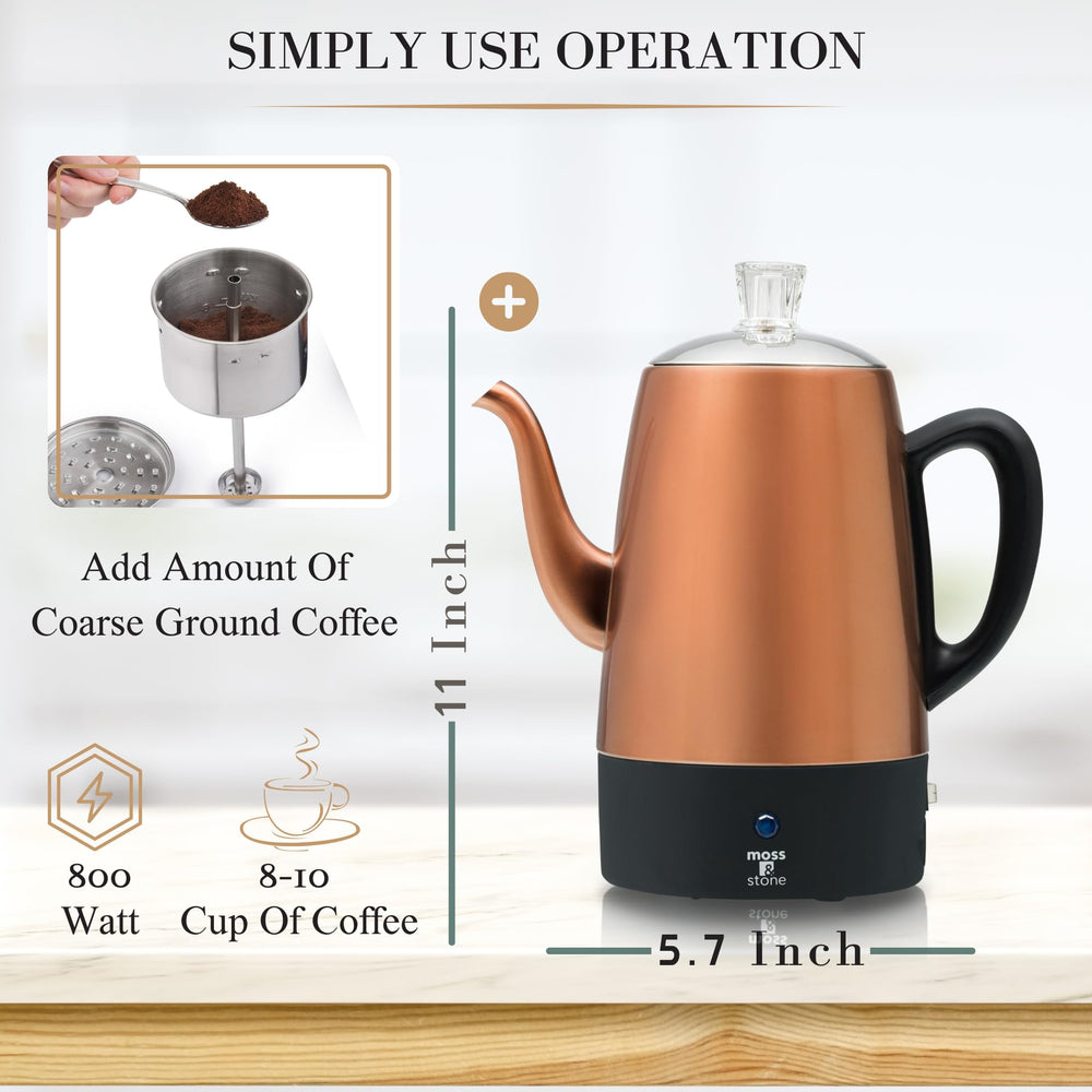 Moss and Stone removable basket percolator enables easy loading and cleaning.