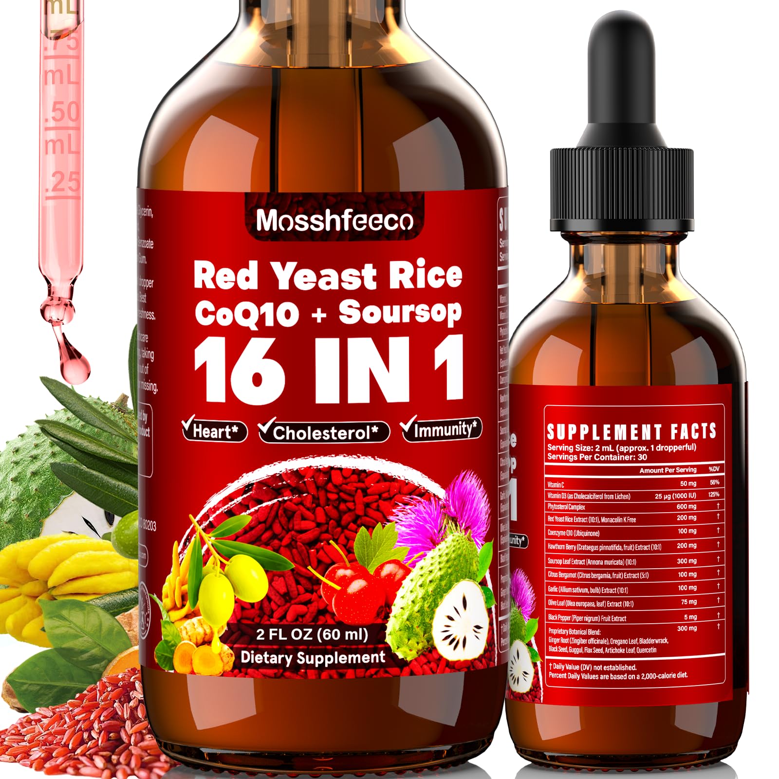 MOSSHFEECO Red Yeast Rice bottle pour shows dosing flexibility for daily support