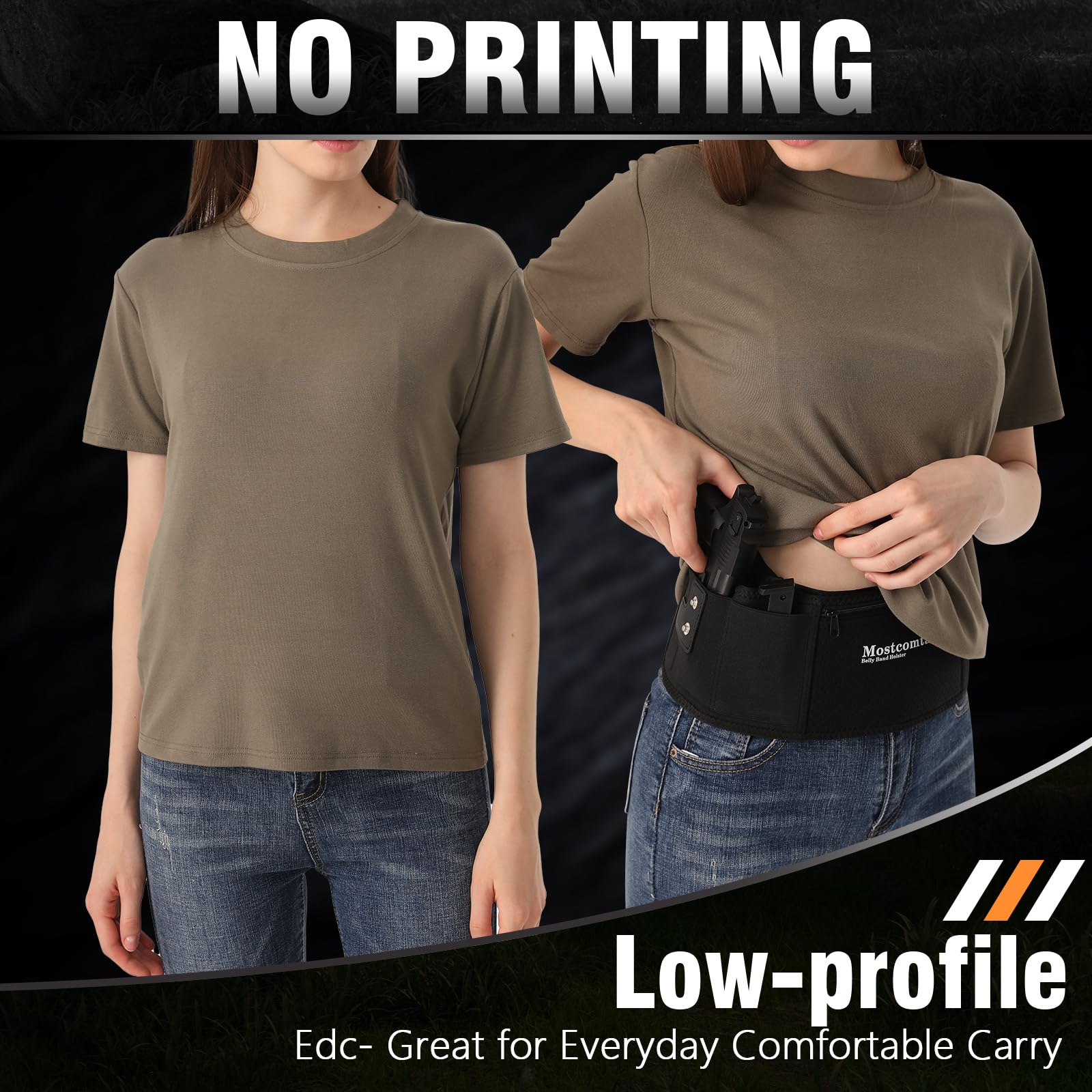 Mostcomtac belly band holster thumb-break strap enables quick draws.