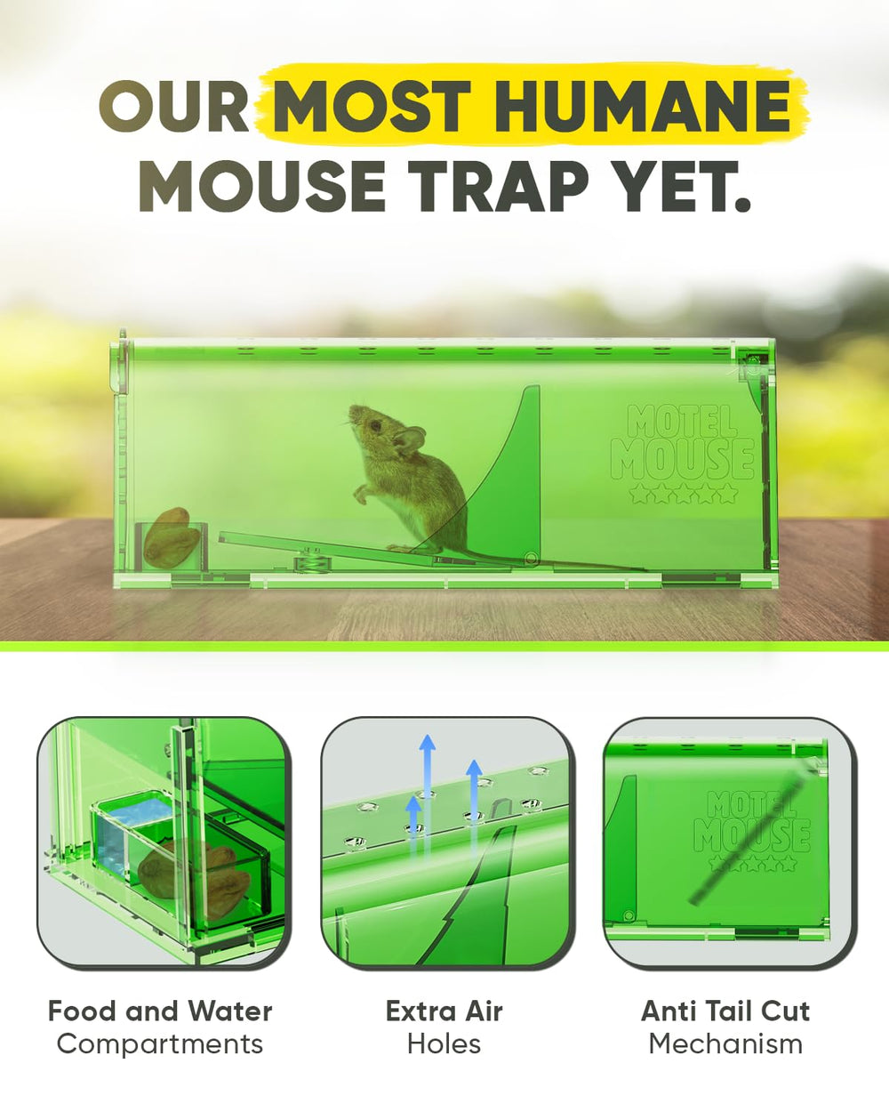 Motel Mouse no-touch release mechanism shown for safe handling.