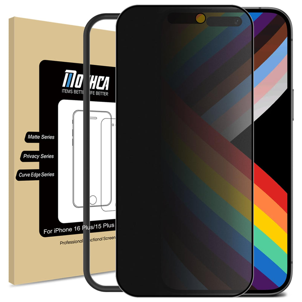 Mothca matte privacy screen on iPhone 16 Plus front view offering edge-to-edge privacy and protection.