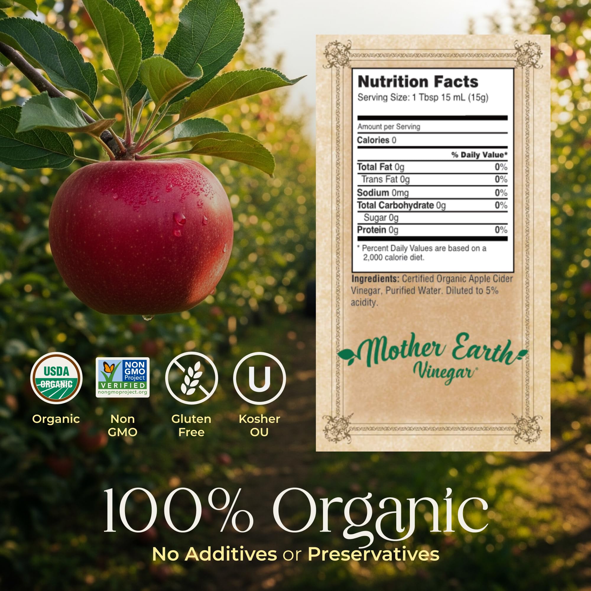 Mother Earth ACV in glass highlights golden color for kitchen use.
