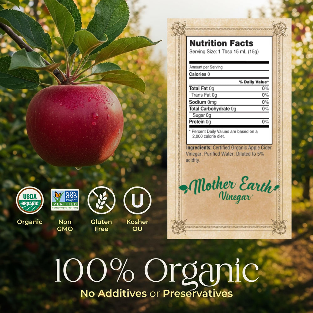 Mother Earth ACV in glass highlights golden color for kitchen use.