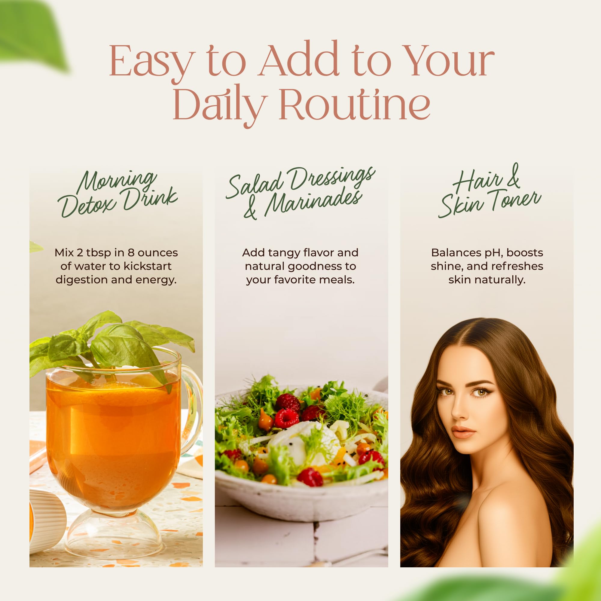 Mother Earth ACV being poured over salad suggests light, tangy finishing touch.