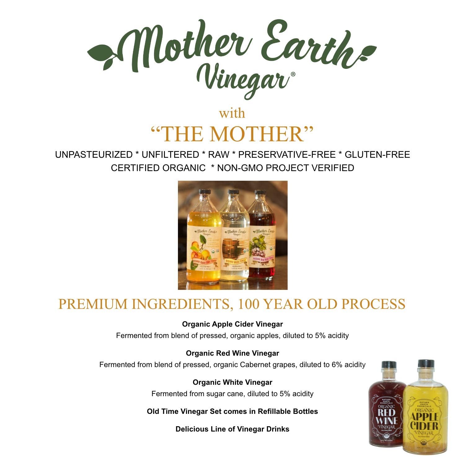 Mother Earth vinegar in everyday pantry setup supports gluten-free recipes.