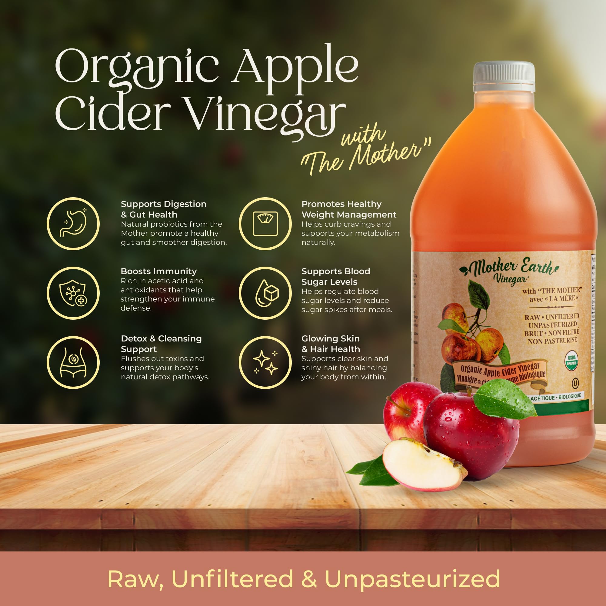 Mother Earth redwood-aged vinegar barrel close-up emphasizes smooth, mature flavor.