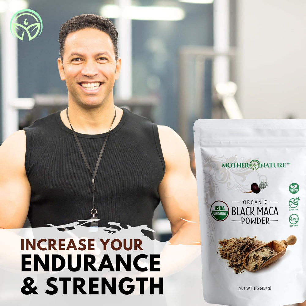 Mother Nature Organics Black Maca Root Powder ingredients highlight vegan and non-GMO.