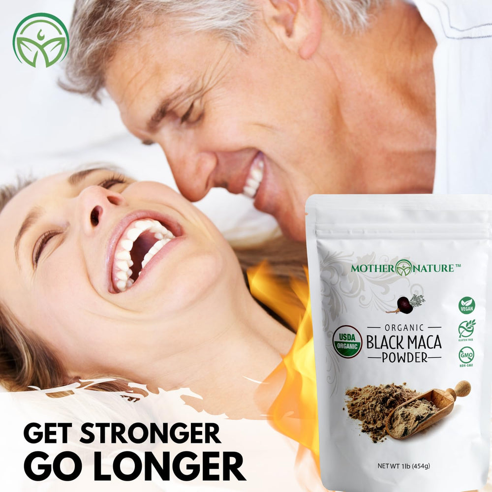 Mother Nature Organics Black Maca Root Powder scoop ready to mix for workouts.