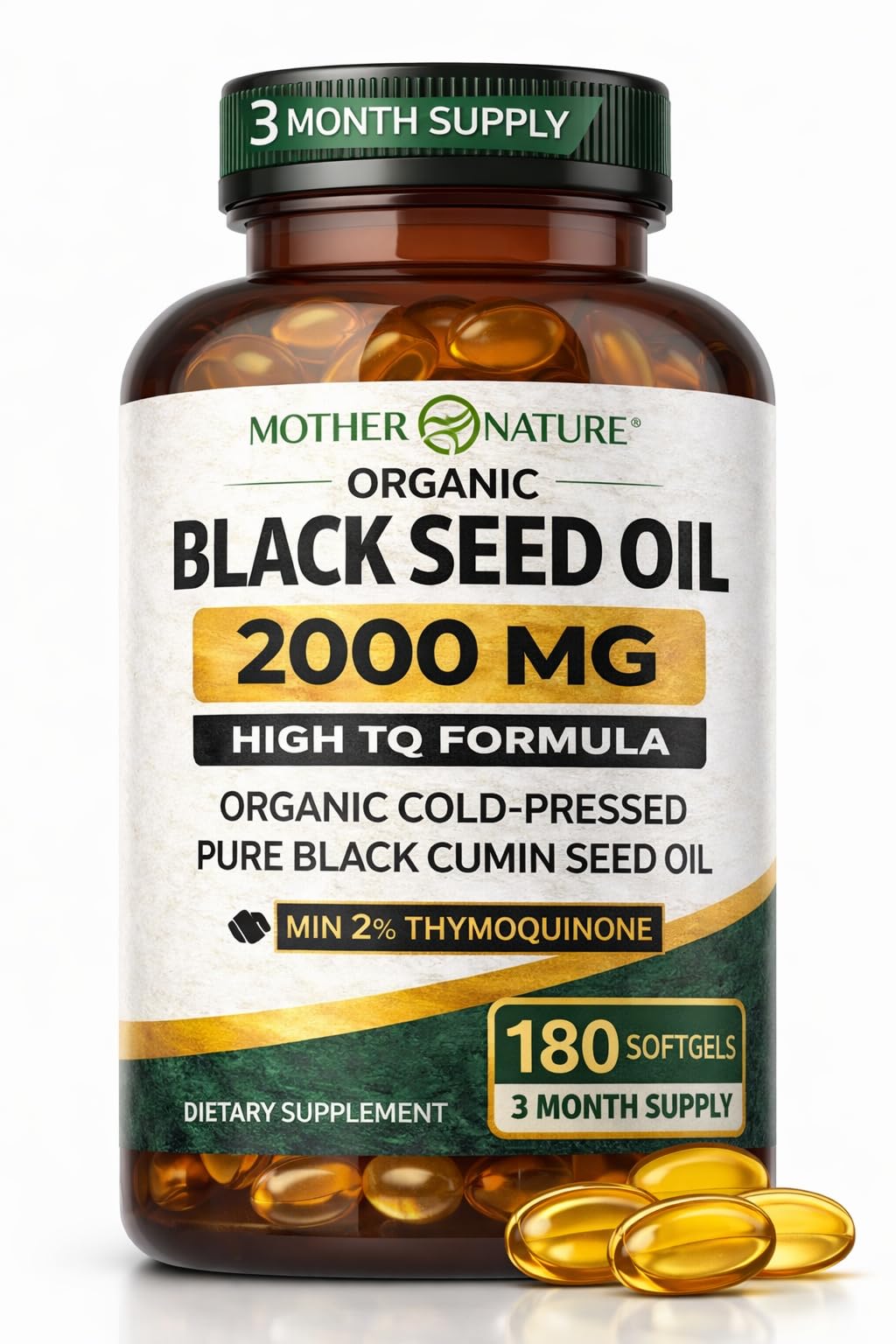 Mother Nature Organics black seed oil bottle front showing premium daily wellness.