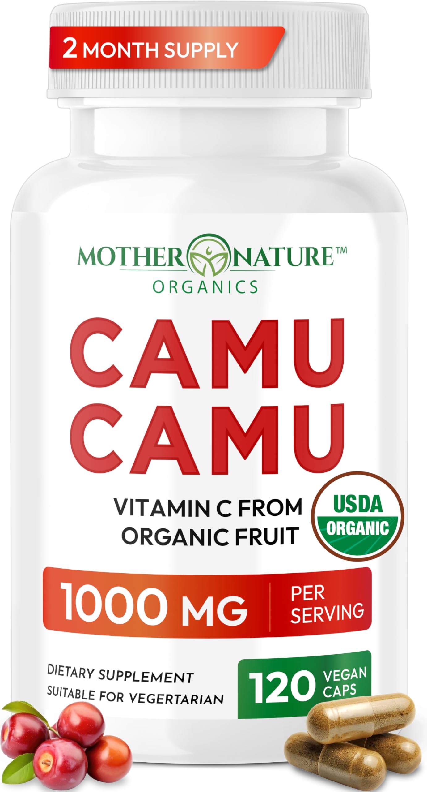 Mother Nature Organics Camu Camu bottle-front for easy daily immune support.