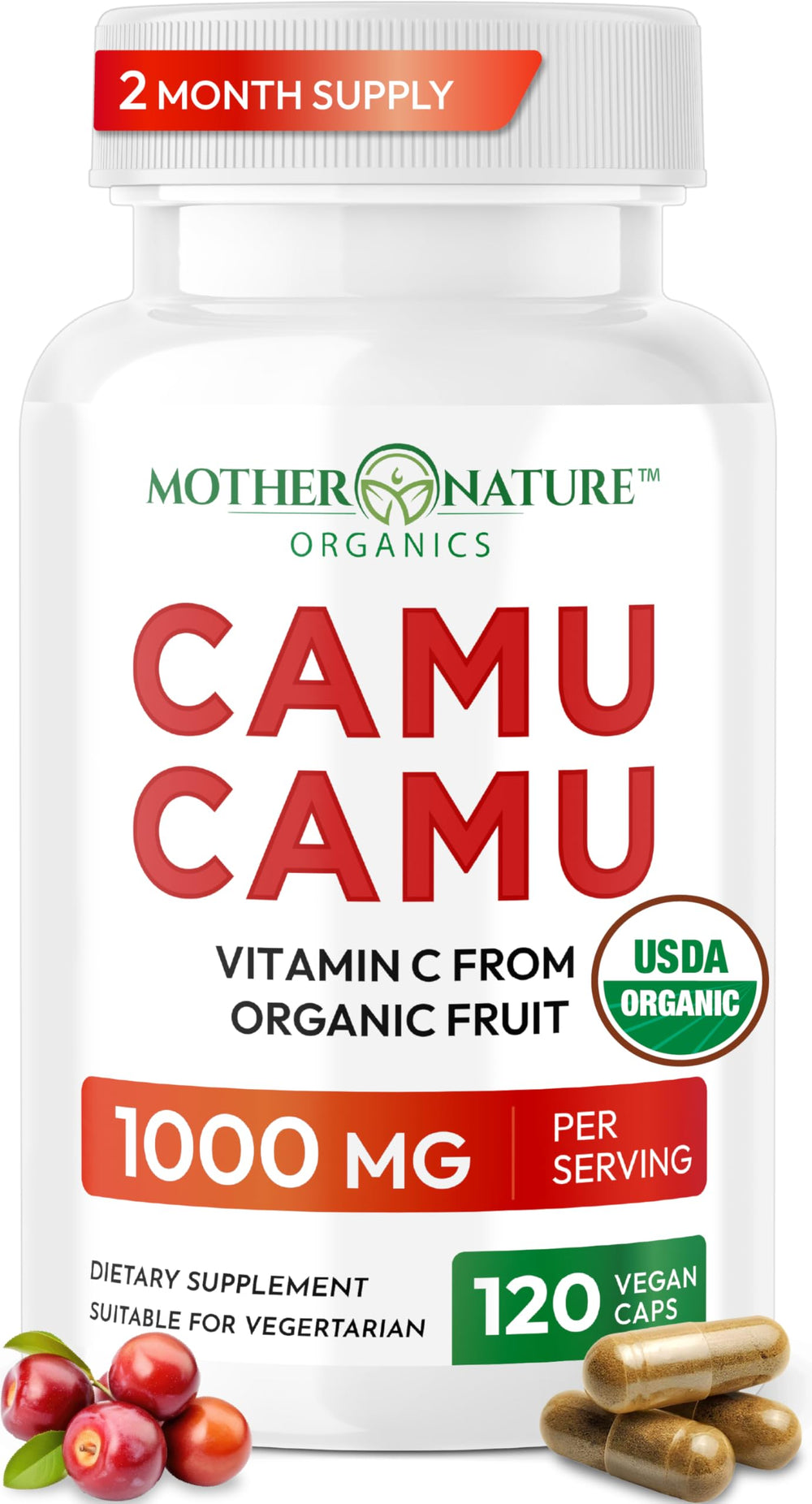 Mother Nature Organics Camu Camu bottle-front for easy daily immune support.