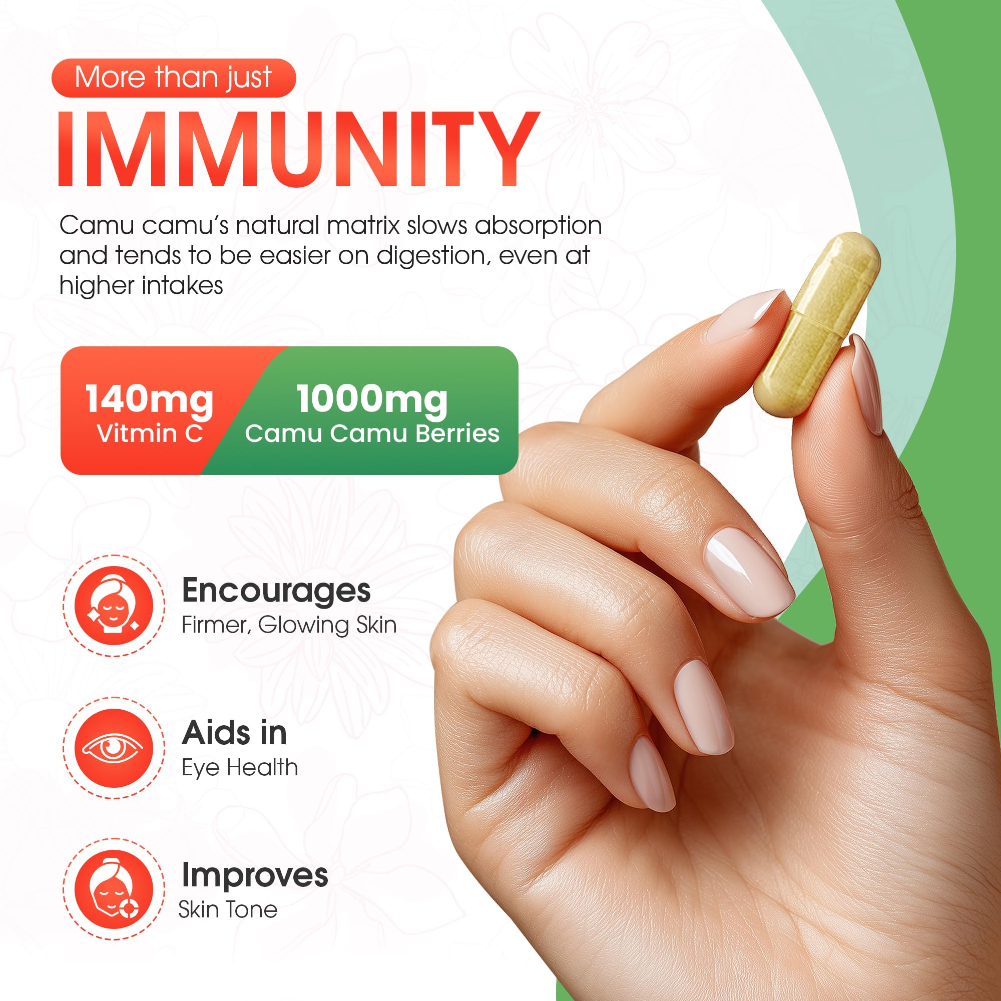 Mother Nature Organics Camu Camu capsules-closeup of vegan vitamin C source.