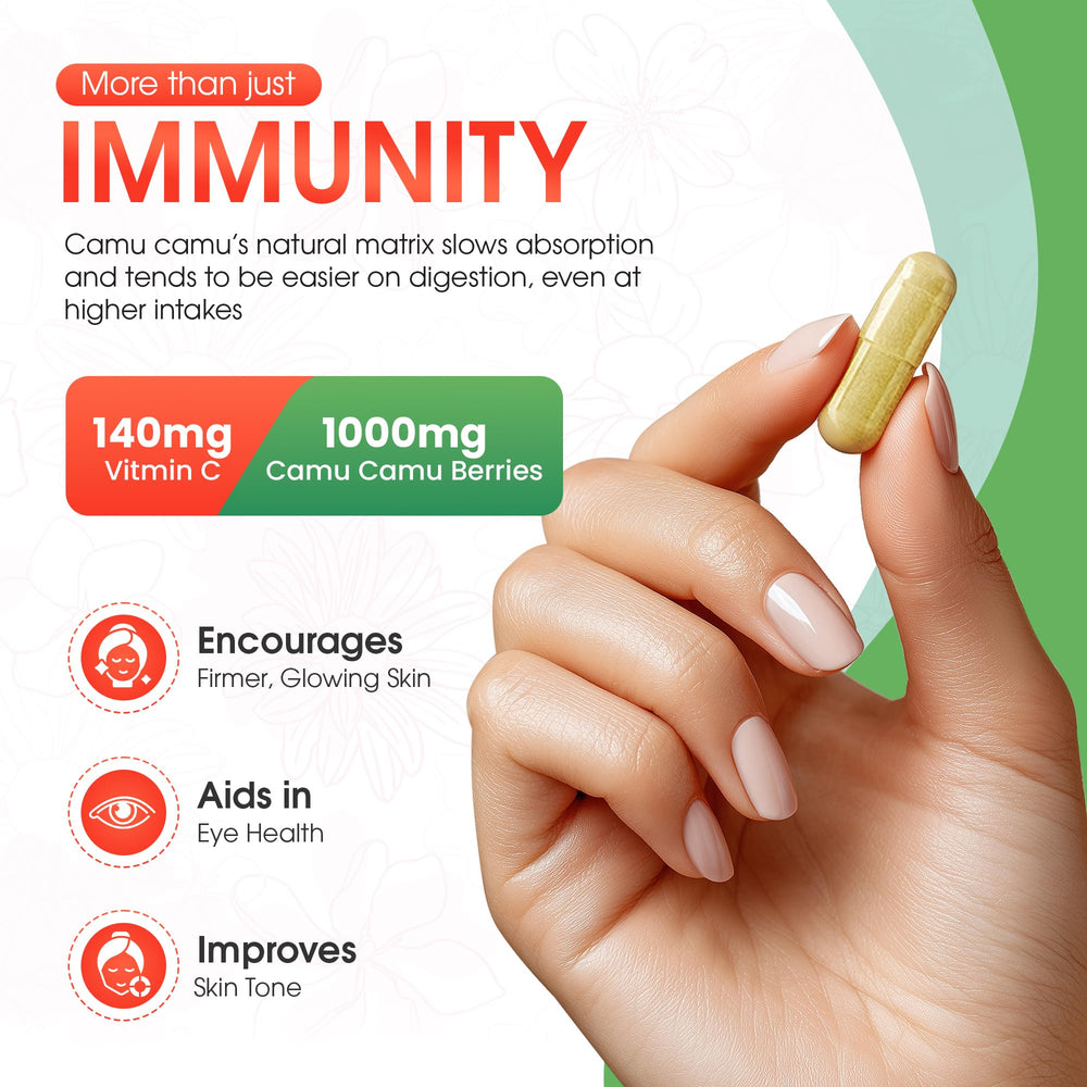 Mother Nature Organics Camu Camu capsules-closeup of vegan vitamin C source.