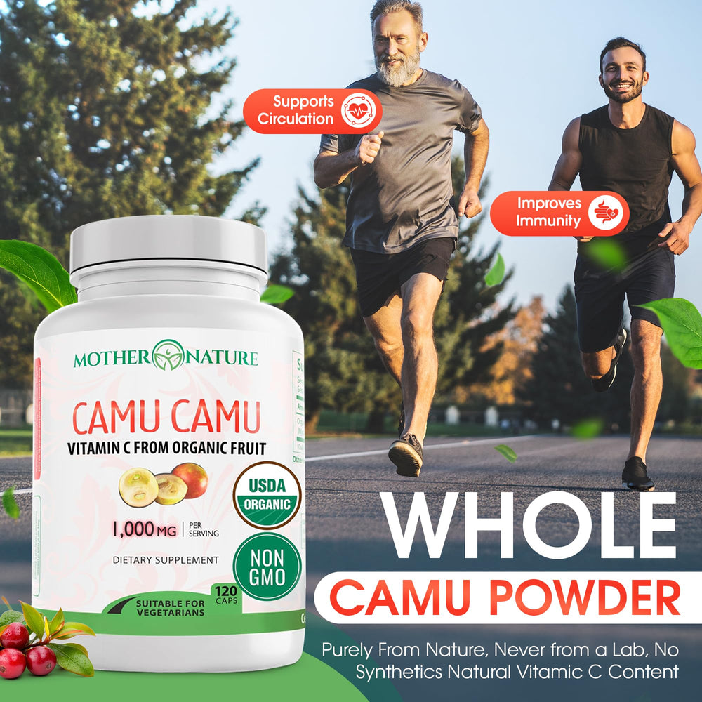Mother Nature Organics Camu Camu capsules-in-hand demonstrates easy daily ritual.