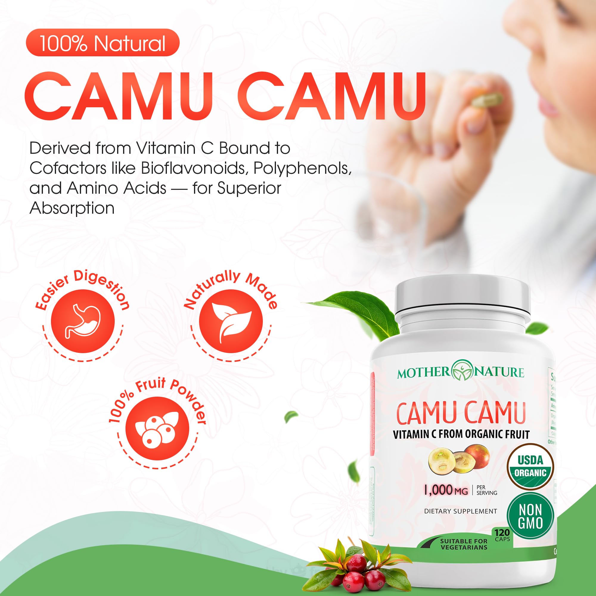 Mother Nature Organics Camu Camu gmp-facility branding indicates quality production in Peru.