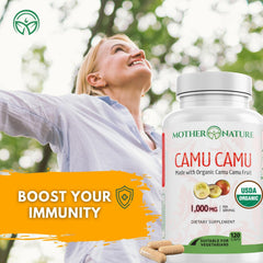 Mother Nature Organics Camu Camu label-detail shows organic non-GMO certification.