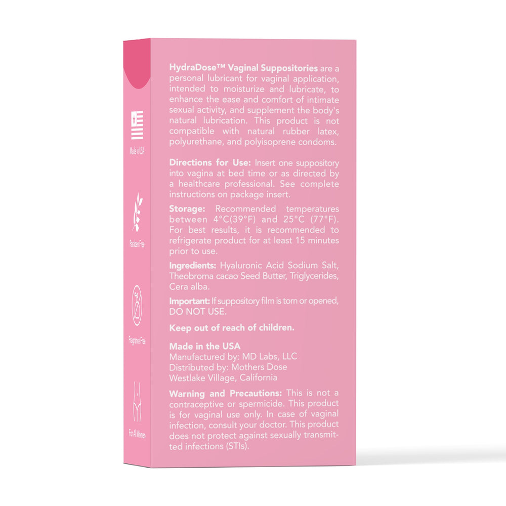 MOTHER·S DOSE HydraDose suppository in hand shows easy, hormone-free hydration
