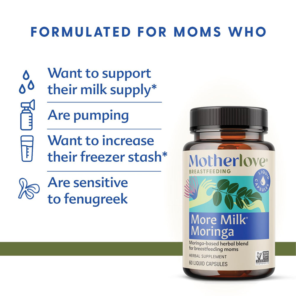 Closeup of More Milk Moringa capsules, vegan and non-GMO could support lactation-friendly routines