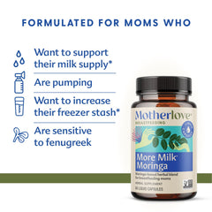 Closeup of More Milk Moringa capsules, vegan and non-GMO could support lactation-friendly routines