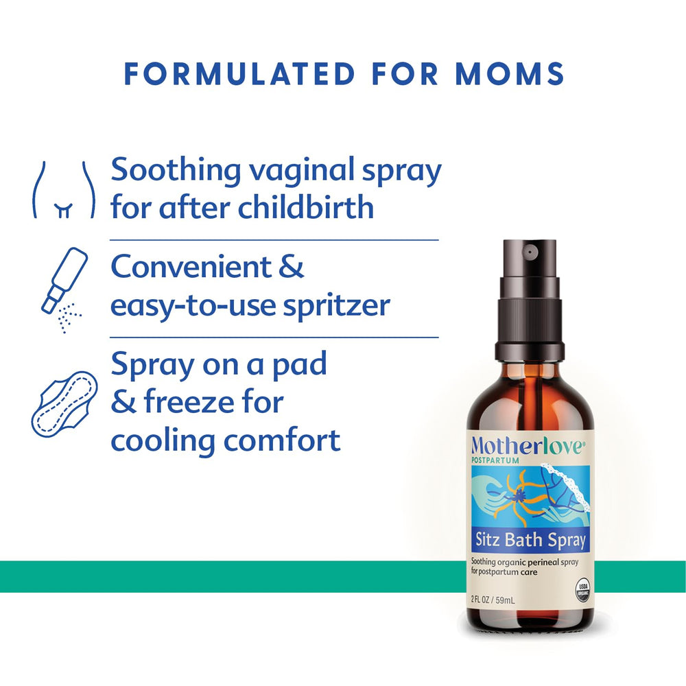 Motherlove Sitz Bath Spray packaging box highlights vegan cruelty-free USA-made features.