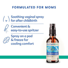 Motherlove Sitz Bath Spray packaging box highlights vegan cruelty-free USA-made features.