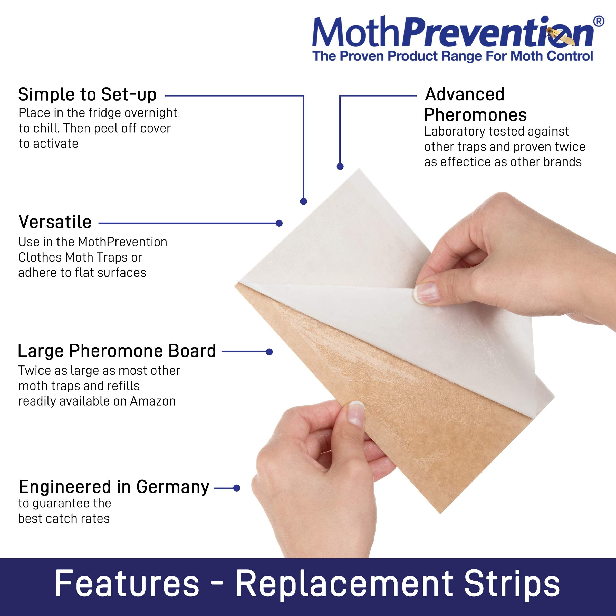 MothPrevention pheromone refill strip close-up highlighting easy peel-and-fold setup.