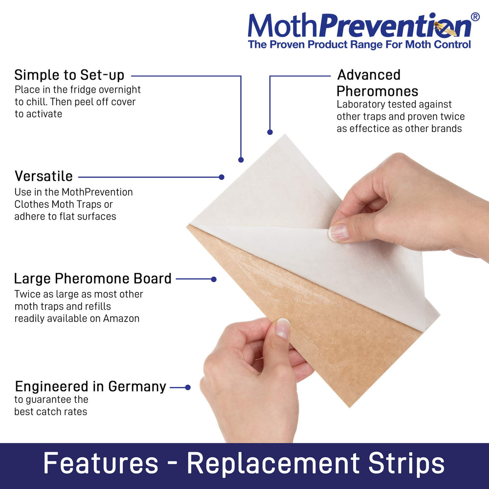 MothPrevention pheromone refill strip close-up highlighting easy peel-and-fold setup.
