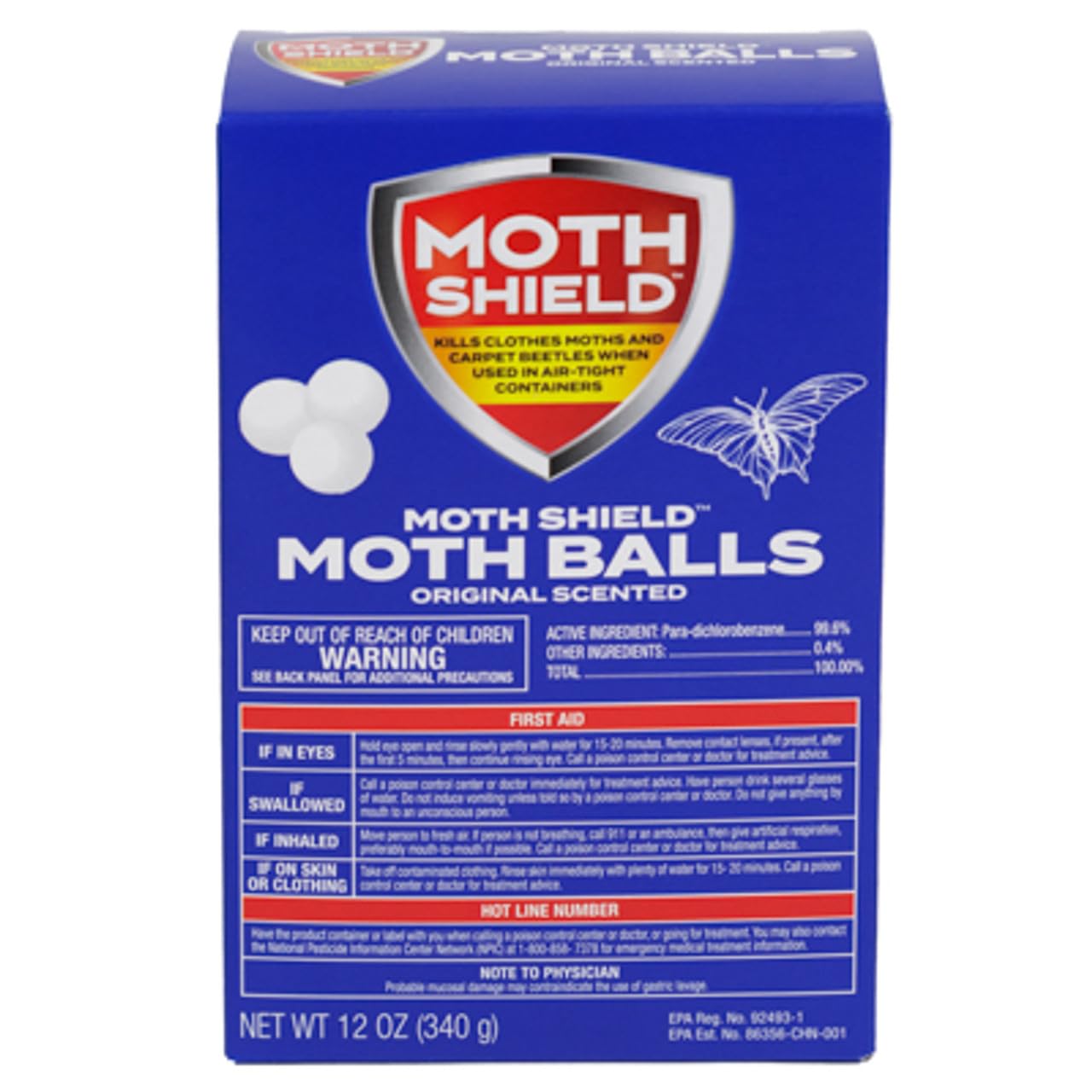 MothShield Original Scent Moth Balls in a 12 oz box for storage use