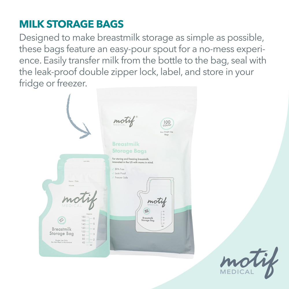 Motif Medical bags feature 6 oz capacity for daily pumping sessions.