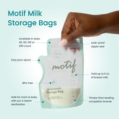 Motif Medical bags showing double zipper leak-proof seal for secure storage.