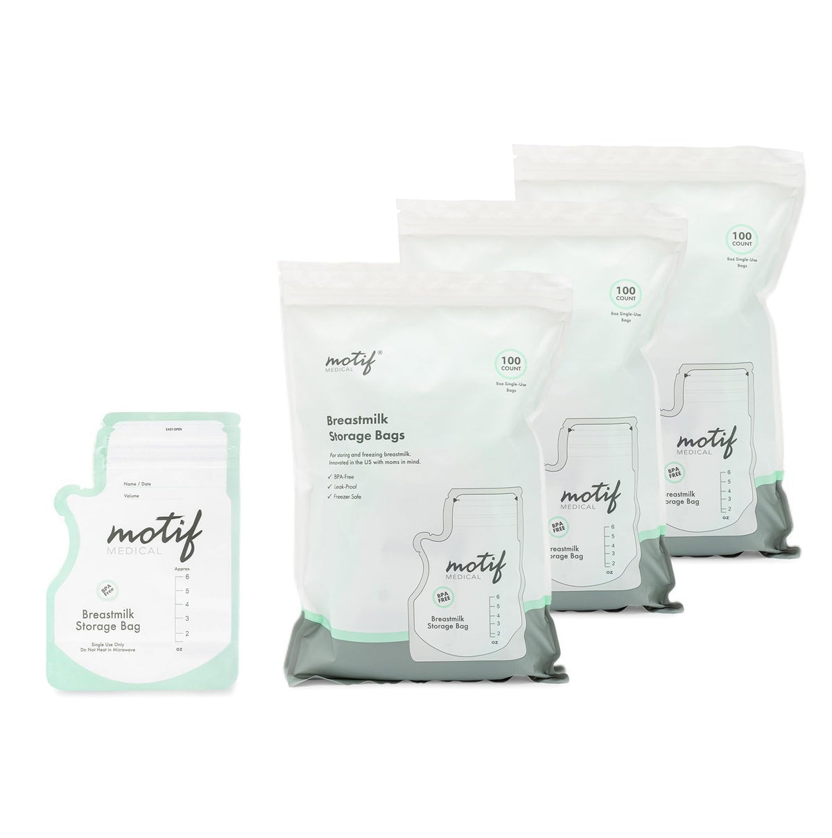 Motif Medical breastmilk bags with easy pour spout for mess-free transfers.