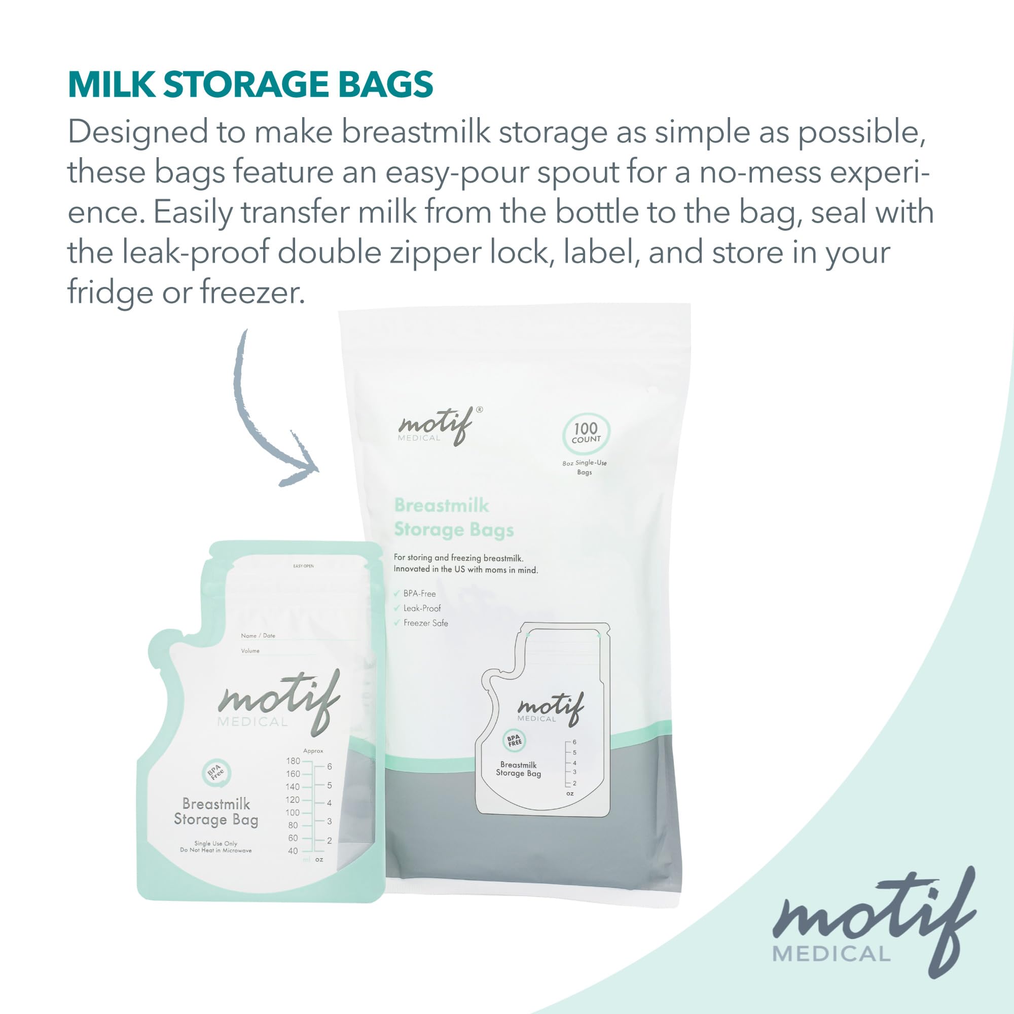 Motif Medical bags laid flat to save freezer space and organize.