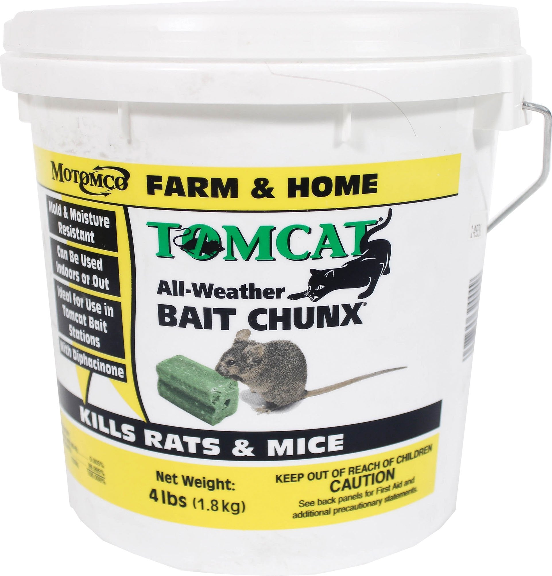Motomco Tomcat All Weather Bait Chunx 4 lb pack for durable rodent control.