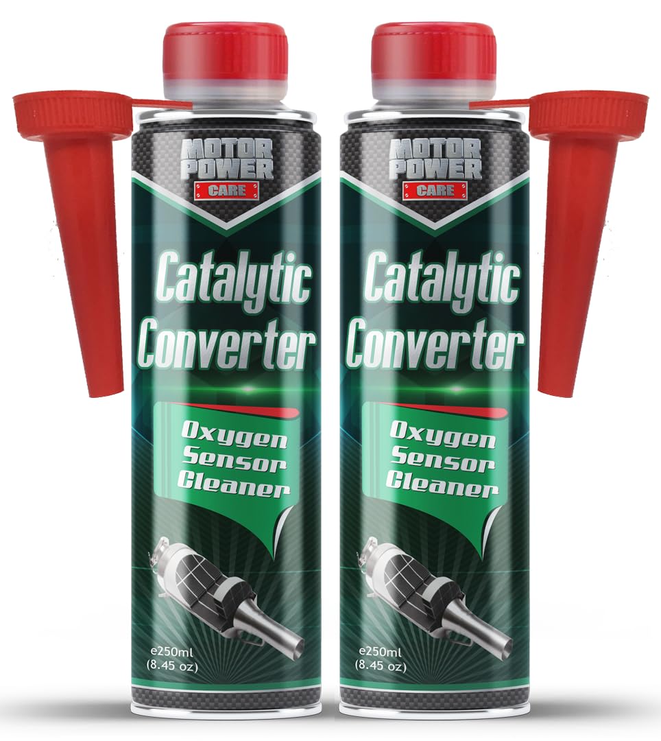 MotorPower Care catalytic converter cleaner bottle pour reduces exhaust deposits.