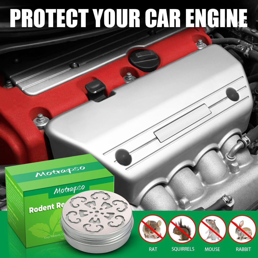 Motrapso peppermint oil applied to a car engine area deters rodents.