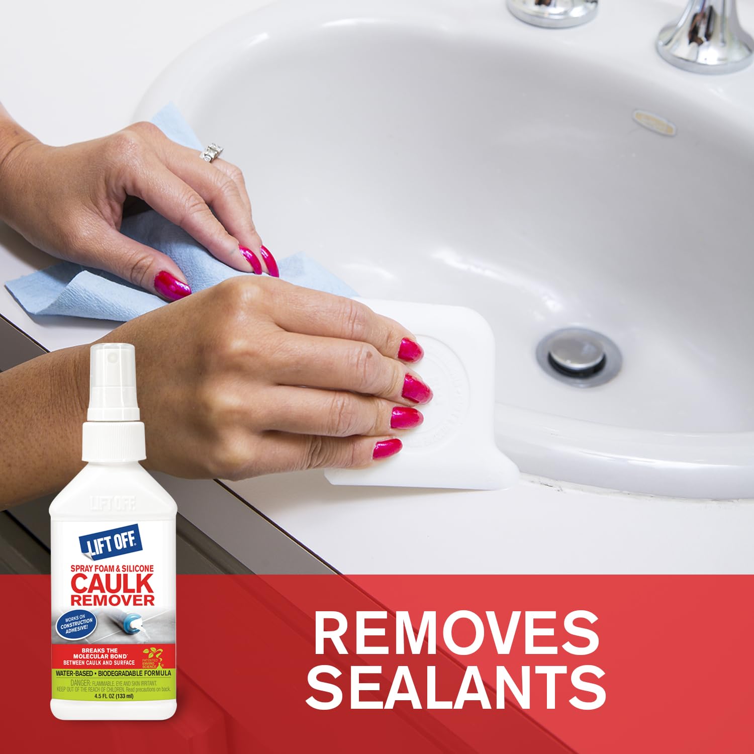 Lift Off works on porcelain, steel, ceramic surfaces in quick routine.