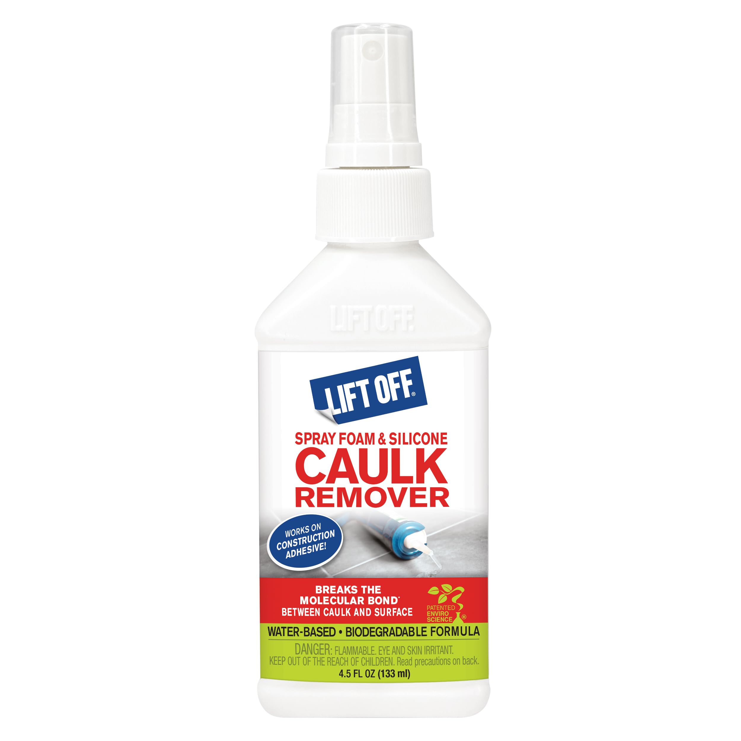 Motsenbocker's Lift Off caulk remover bottle ready to spray on multiple surfaces.